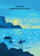 Surfer and sunrise birthday card for men - surfing created by Stormy Knight