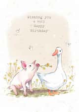 Cute Birthday Card - Piglet And Goose - On Farm created by Paper Shed Design