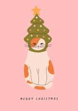 Cute Christmas Card - Grumpy Cat - Festive Tree Hat Cat created by Sad Girl Illustration