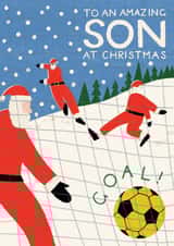 Classic Christmas Card - For Son - Santas Playing Football created by Laura Darrington Design Ltd.