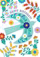 Pretty Birthday Card - Folk Blue Bird - Flowers created by Maggie Magoo Designs