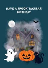 Cute Spooky October Birthday Card – Funny Haunted House Design for Friend created by Sarah Barker Illustrations