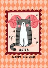 Cute Birthday Card - Aries - The Ram - Cat created by Nicola Watson