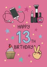 Cute 13th Birthday Card - For Her - Girly Illustrations created by Schnauzer Scribbles
