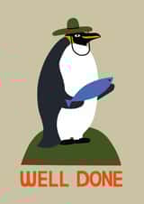 Funny Congratulations Card – Penguin With Big Fish – Well Done created by Liina Lember