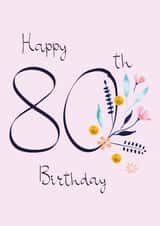 Classic 80th Birthday Card - For Her - Pretty Peach Flowers & Mint Botanicals created by SABIVO Design by Sabina