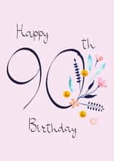 Classic 90th Birthday Card - For Her - Pretty Peach Flowers & Mint Botanicals created by SABIVO Design by Sabina