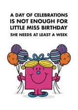Funny Birthday Card - Little Miss Birthday Loves Celebrating - At Least A Week created by Mr. Men
