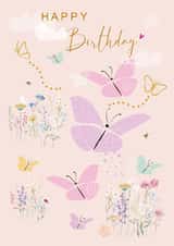 Cute Birthday Butterflies Card - For Her - Meadow Flowers and Bees created by SABIVO Design by Sabina