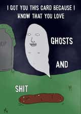 True crime, horror film fanatic ghost witchy funny poo card. created by Blessherlittleartoons by Amy