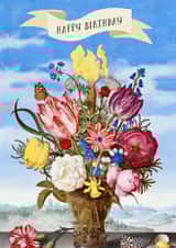 Happy Birthday banner with flower vase with colourful flowers against blue sky created by David Bennett