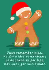 Holding the government to account Christmas card created by Rosie Johnson Illustrates
