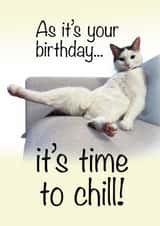 Funny birthday card showing a lazy cat on the sofa. created by AJN Design