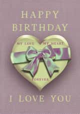 Romantic happy birthday 2d heart card with ribbon, pink canvas style background created by Printfantasia 