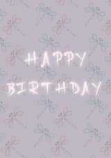 Happy Birthday Card – Classic Pretty Dragonflies in Soft Colours. created by May Annella