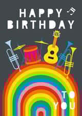 Cute Birthday Card - Musical instruments on a rainbow - Happy Birthday To You created by Claire Giles