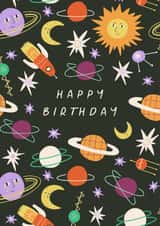Arty Birthday Card - Outer Space Themed - Planets, Rocket Ships & Stars created by Sad Girl Illustration