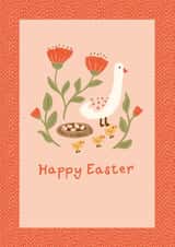 Cute Easter card - Mother duck, chicks and eggs in a nest surrounded by flowers created by Lotta Designs