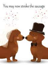 Cute wedding card with non traditional message 'You may now stroke the sausage' created by Dotts Yard