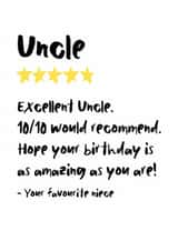 Excellent Uncle 5 Star Review Funny Birthday Card created by The Stamford Press