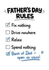 Funny Father's Day Card – Dad Rules Checklist Bank of Dad Open created by Louise Burgoyne