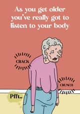 Getting older body hurting. Funny ageing birthday card, incl fart created by Blessherlittleartoons by Amy