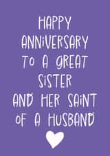 Funny Anniversary Card - Great Sister - Saint of a Husband created by size3art