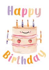 Cute Happy Birthday Cake Card –Watercolour Kawaii Smiling Strawberry Cake Design created by Michelle Khoury