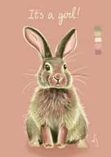Cute Bunny Birth Card for a Girl. Pink colour palette. created by Lydia Janike