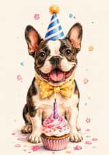 Cute French Bulldog Birthday Card with Cupcake, Party Hat and Bow Tie created by Bethany Brown