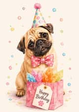 Cute Pug Birthday Card with Party Hat, Bow Tie and Happy Birthday Gift Bag created by Bethany Brown