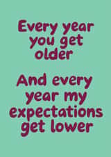 Funny Birthday Card - Every Year My Expectations Get Lower created by @Laura Lonsdale Designs