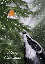 Cute Robin & Badger Christmas Card - Traditional Merry Christmas -Snowy Wildlife created by Jade Blakeley