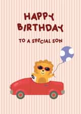 3. Cute Lion Birthday Card for Son in a Red Convertible created by Melissa Doodles