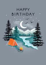 Cute Birthday Card for Him or Her – Moonlit Camping Adventure Scene created by Rosanna Rossi
