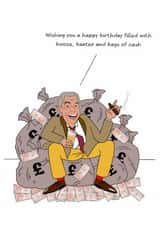 Funny Birthday Card - Nigel Farage - Booze, Banter And Bags Of Cash created by Swizzoo