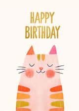 Cute Cat Birthday Card for Her – Pink Striped Cat Illustration created by Blossom Hound Designs