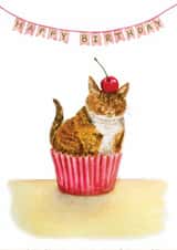 Cute cat in a cupcake case with cherry - Happy Birthday for cat and cake lovers created by Zoe Pearl