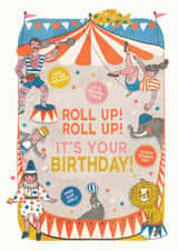 Arty Retro Circus Birthday Card  Roll Up! Roll Up! Vintage Big Top Birthday Card created by THE PRINTED SQUARE STUDIO