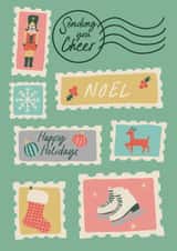 Modern Retro Christmas Card – Novelty Postage Stamp Design – Cute Illustrations created by Nicole Pritchard