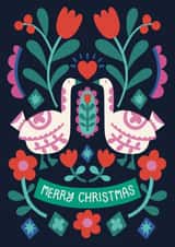 Pretty Christmas Card - Geese And Flowers - Folk Art created by Christine Cuddihy Illustration
