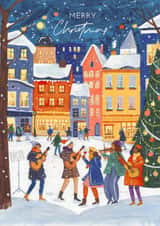 Charming Christmas Card – Snowy Village with Carol Singers & Christmas Tree created by Caroline Bonne Müller