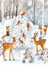 Whimsical Christmas Card – Winter Woodland with Deer, Foxes & Cardinals created by Caroline Bonne Müller