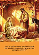 Funny Nativity Christmas Card - Mary and Joseph - Choosing a Name created by Hello Sausage