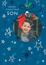 Personalised Christmas Photo Card created by Orchard Design House - Son Christmas card - Hanging Bauble - stars and snowflakes 