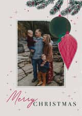 Personalised Christmas Photo Card created by Orchard Design House - Classic Christmas card - Hanging Baubles - foliage and stars