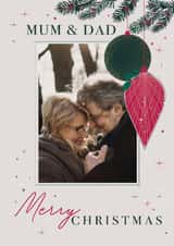Personalised Christmas Photo Card created by Orchard Design House - Classic Christmas card - Hanging Baubles - Foliage and stars