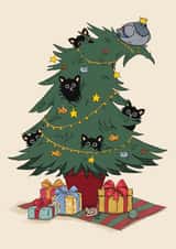Funny Christmas Card – Black Cats Hiding in Tree – Crown Pigeon – Cat created by Baldy And The Fidget