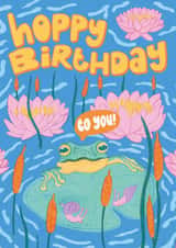 Cute Birthday Card – Frog floating on a Lily pad - Hoppy Birthday to you! created by Kathryn Corlett