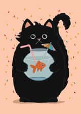 Funny Birthday Card for Friend, Party Animal Black Cat with Goldfish Cocktail created by Baldy And The Fidget